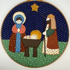 Vintage Embroidered Quilted Nativity Scene Handmade Large Hoop Xmas Manger Baby